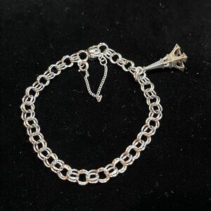 Vintage Sterling Silver Double-Link Charm Bracelet, Eiffel Tower Charm & safety